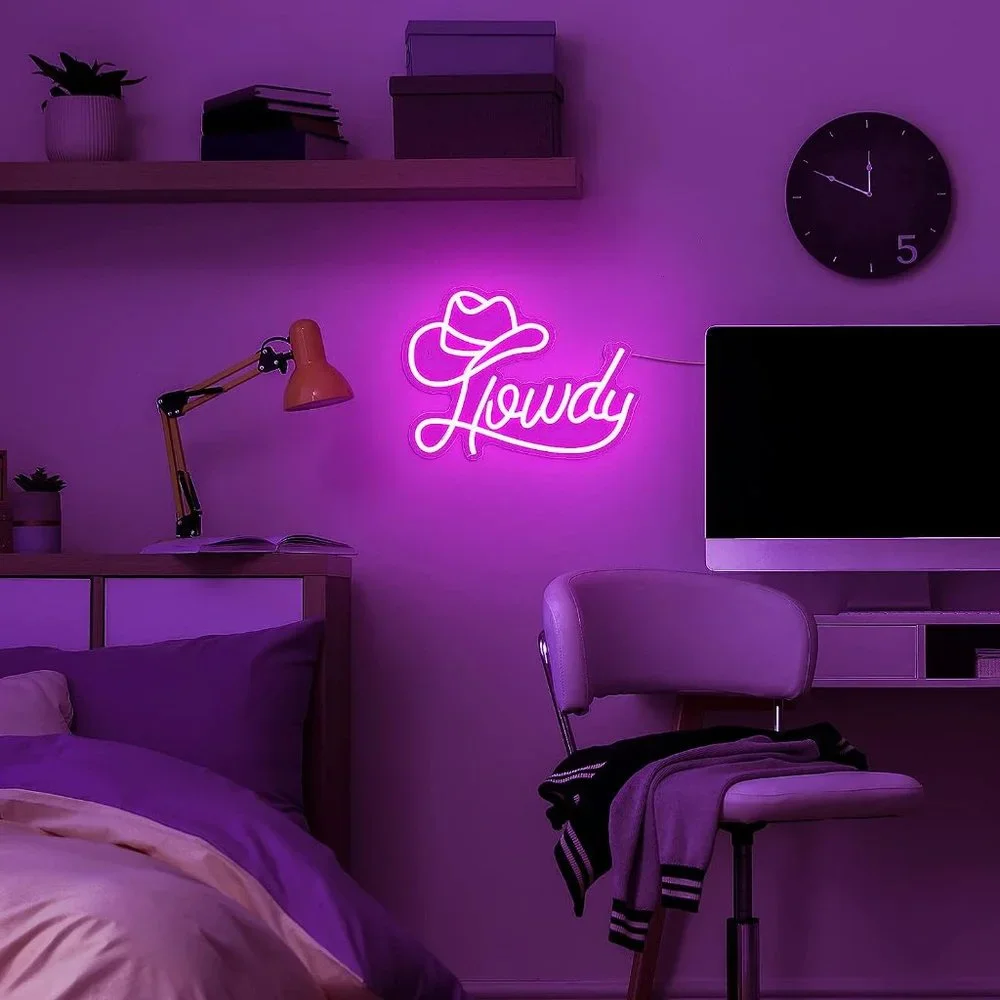 Howdy Cowboy/Cowgirl Neon Pink Sign Party Festival Southern Backyard Bedroom